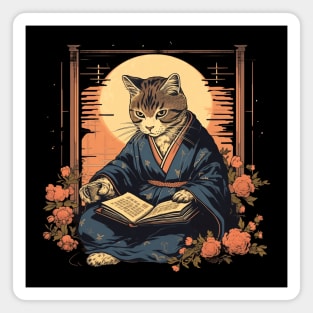 Japanese Cat in Kimono Reading Book Magnet